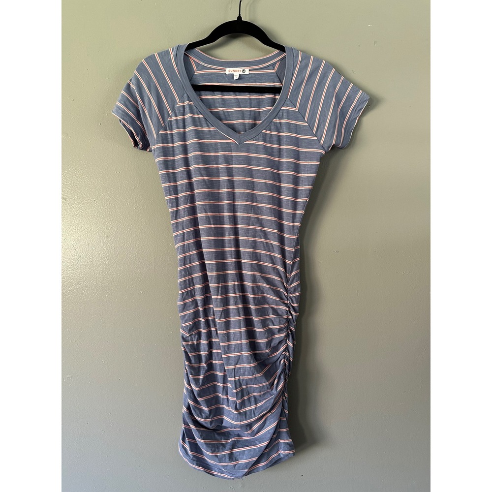 Sundry V-Neck Ruched Sides Bodycon Midi Dress Red White & Blue MADE‎ IN USE SZ 1